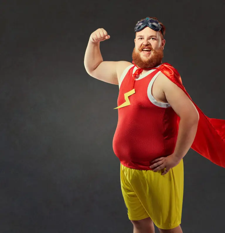 A funny fat man in a superhero costume